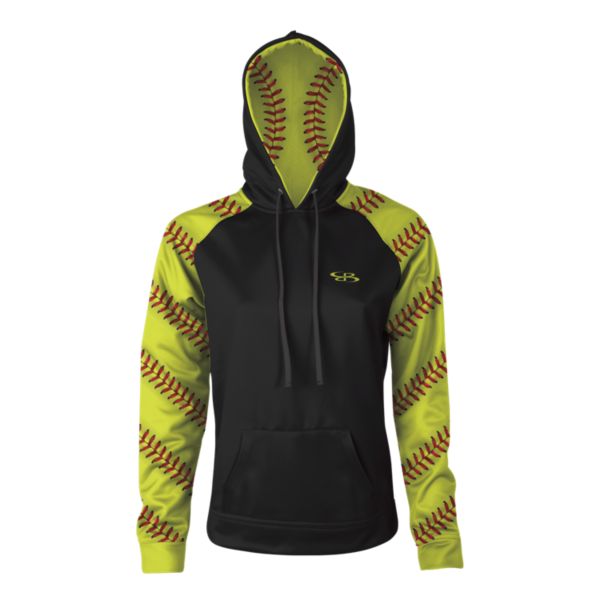 Women's Softball Seams Play Ball Hoodie Black/Optic Yellow/Red