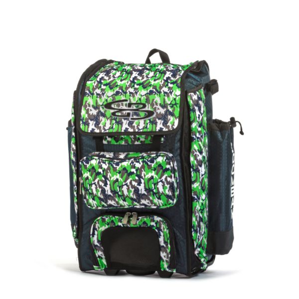Catcher's Superpack Hybrid Woodland Camo Bat Bag Navy/Lime Green