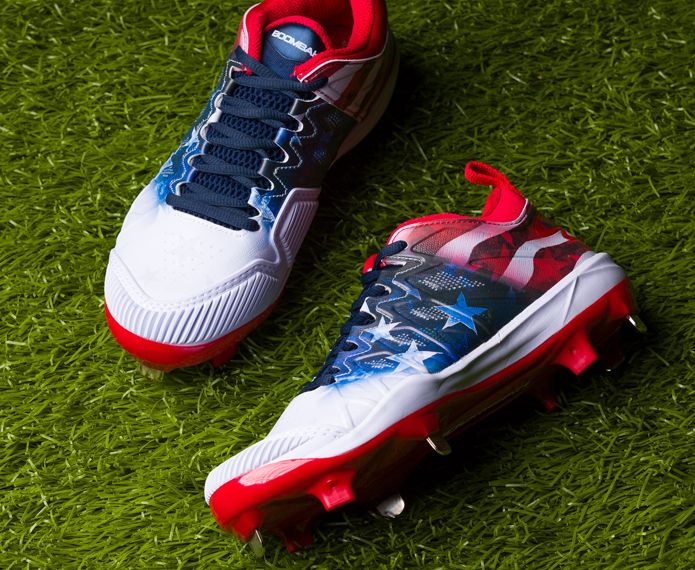 Squadron pitcher's toe molded cleats with red, white and blue graphics