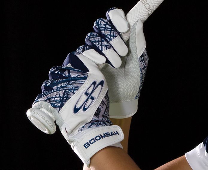 White and blue branded Torva batting gloves