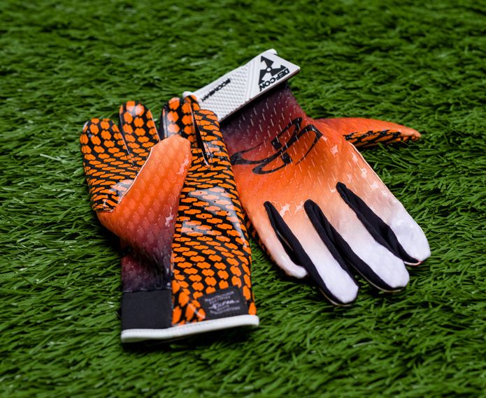 Branded receiver gloves with orange and black graphics