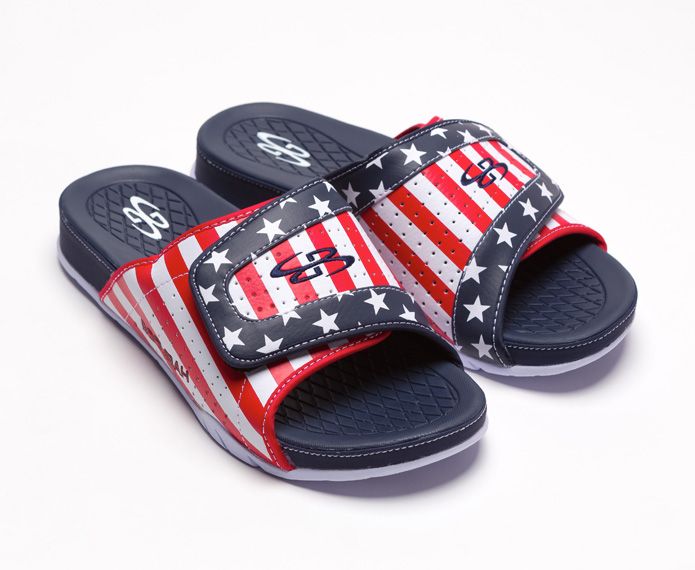 Navy slide sandals with red, white and blue graphics