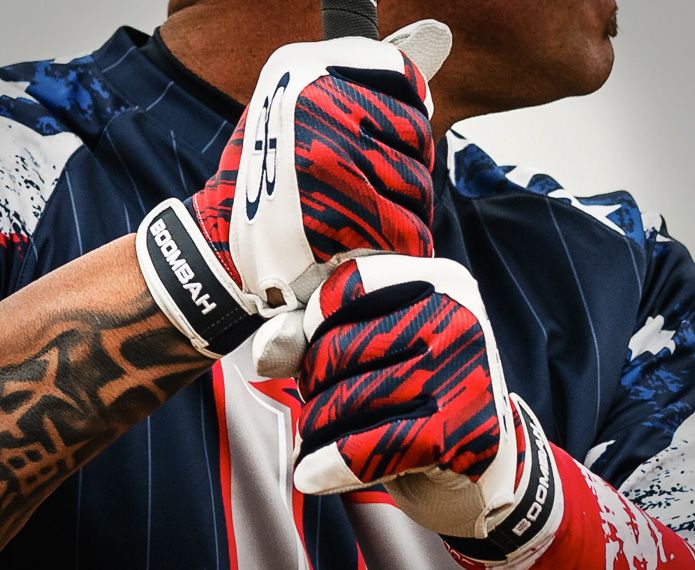 White branded batting gloves with red and navy graphics